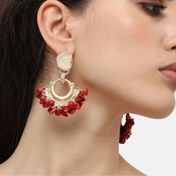 Boho Red Coral and Crystal Drop Earrings - Picture 3 of 4